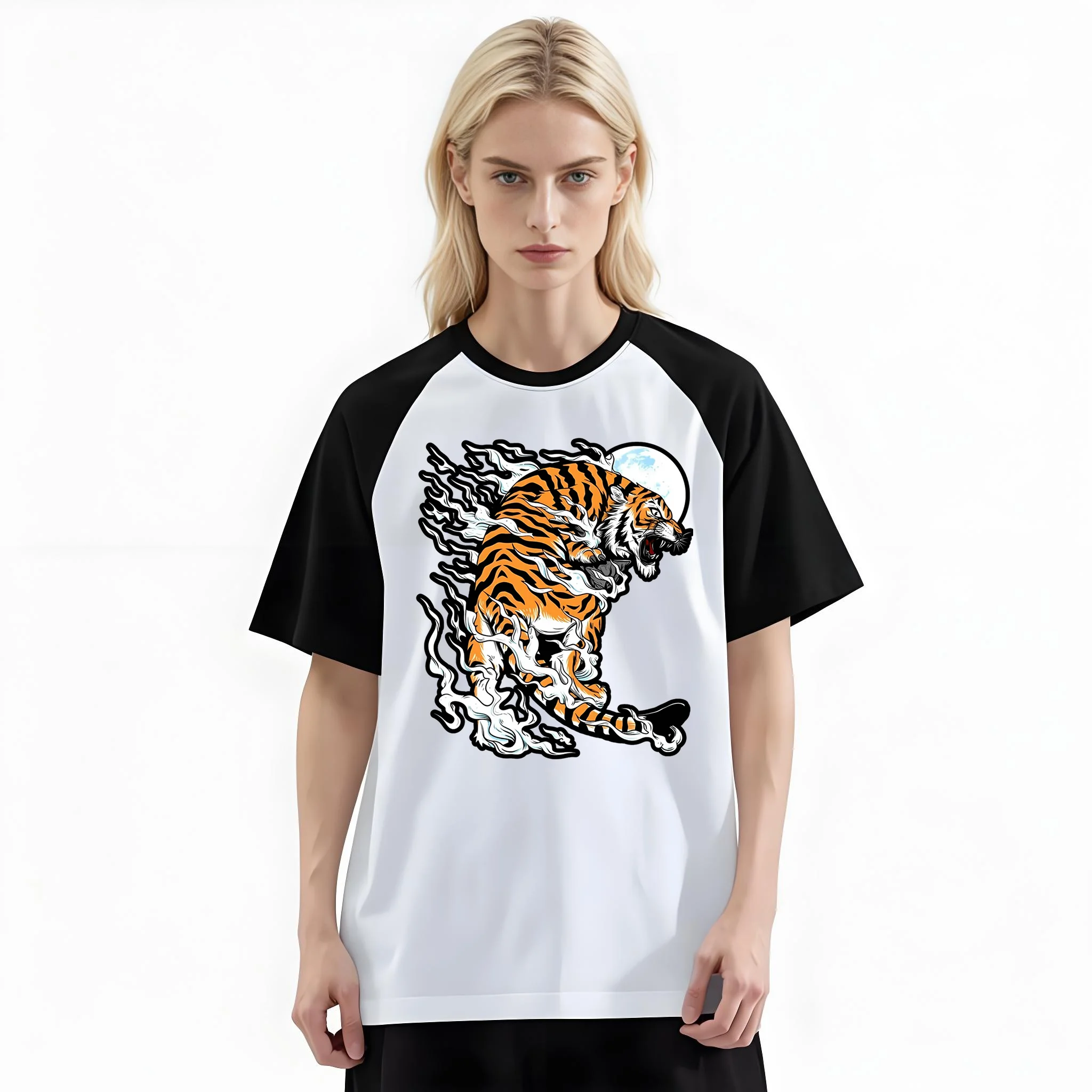 Women'S Fashion Raglan Sleeve T-Shirt, Moon Smoke Roaring Tiger Skateboard Japanese Hardcore Cartoon Printed, Summer Casual Comfortable Tee, Women'S Everyday Short-Sleeve Top