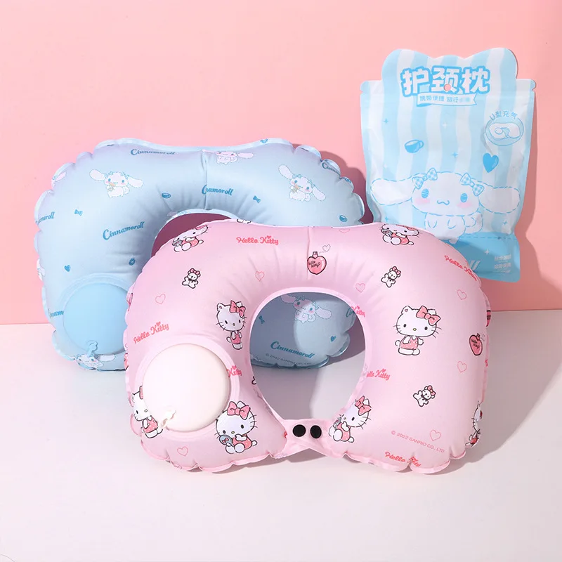 Sanrio-almohada inflable en forma de U, HelloKitty, Chica de Anime, viaje, portátil, tipo prensa, almohada inflable para el cuello, almohada para la siesta Cinnamoroll