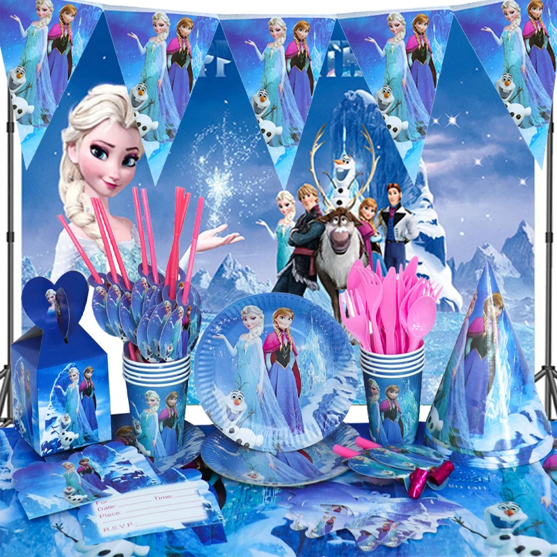 Frozen Cartoon Birthday Party Tableware Paper Plates Cups Banner Disney Children Balloon Toys Baby Shower Decoration Supplies