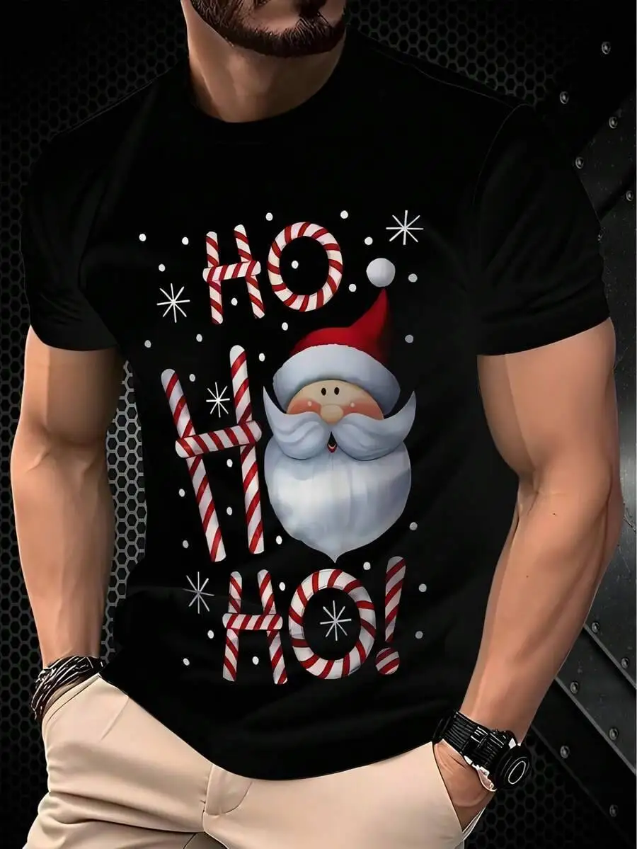 Santa Claus 3D Printed T-Shirt, Men's Street Style Elastic Crew Neck T-Shirt For Summer 100% Cotton Trendy Y2K Short-Sleeve