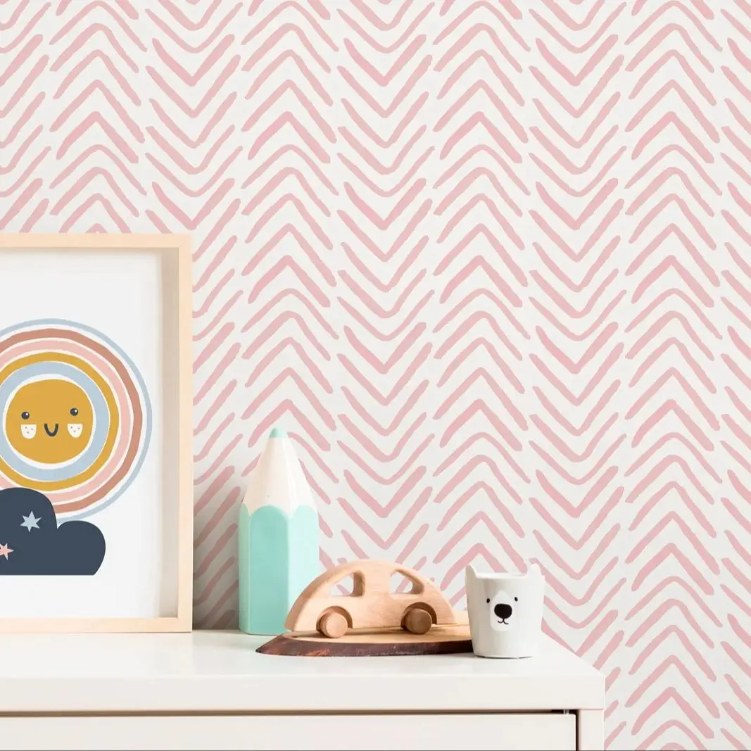 Boho Herringbone In Soft Pink Wallpaper Peel and Stick ,Geometric Wall Mural For Room Decor,Traditional Or Self-adhesive Papers