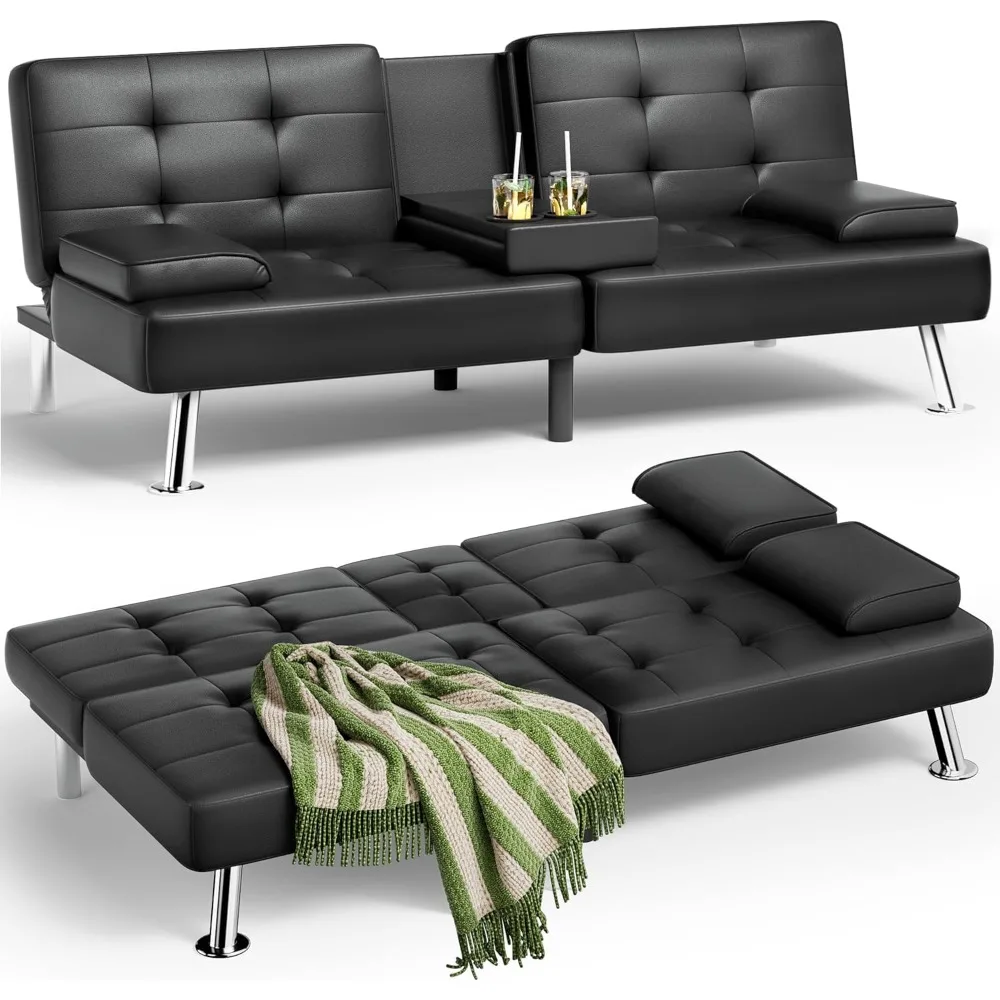 

Faux Leather Futon Sofa Bed Futon Couch with Removable Armrests Adjustable Sleeper Sofa Bed with 2 Cup Holders for Living Room