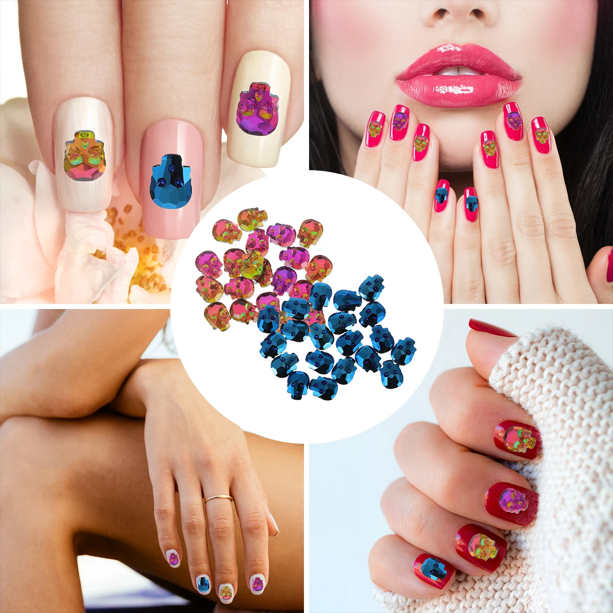 

40pcs Skull Rhinestones Colorful Stickers Decals Decorative Stones for Gel Nails Home Phone Case 3D Self Adhesive Nail