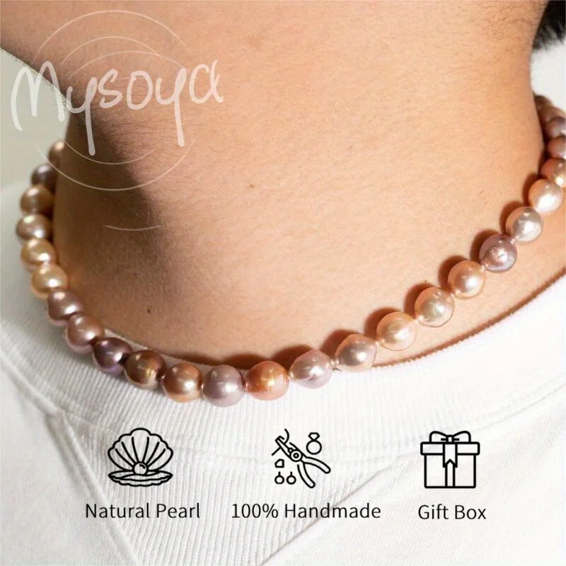 

MYSOYA 10-12mm Natural Purple Pink Baroque Pearl Chain Real Pearls Gift Box Handmade DIY Unisex Jewelry Birthday Wedding Gift