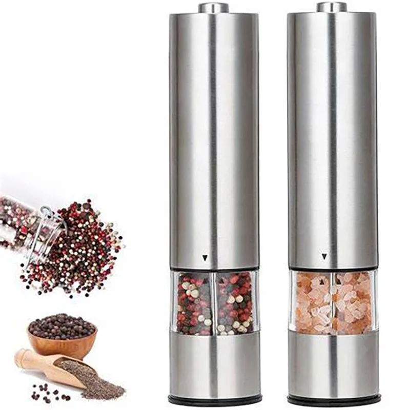 Stainless Steel Electric Pepper Grinder With LED Light Automatic Gravity Pepper Mill Herb Spice Shakers Flat Head Pepper Grinder