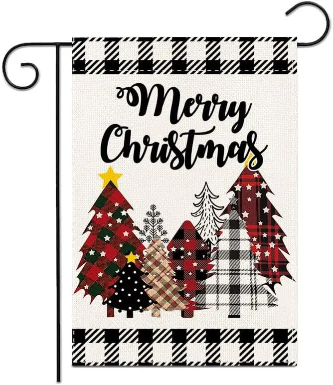 Merry Christmas Tree Black Red and White Checkered Border Garden Flag 12x18 inches, Home Outdoor Garden Christmas Garden Fla zzo