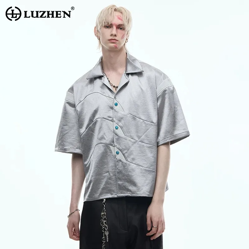

LUZHEN Quality Stripe Embossed Glossy High 2025 Short Summer Sleeve Shirts Men's Trendy Luxury Handsome Casual Male Tops JY2724