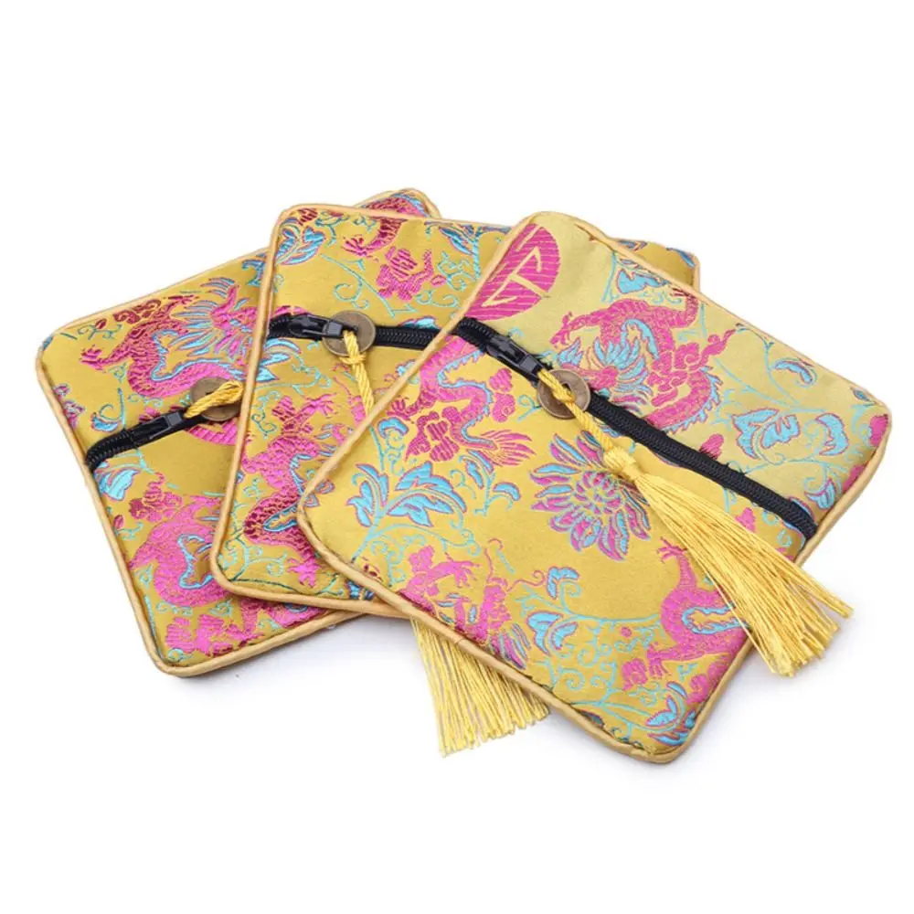 Tassel Mini Embroidery Canvas Coin Purse Dragon Square Flower Jewelry Packing Bag Card Holder Korean Style