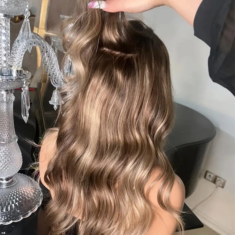 

Термостойкие волосы Ombre Шоколадно-коричневый блондин Синтетический HD парик фронта шнурка Balayage Женский парик Предварительно выщипанные волосы Парики для вечеринок