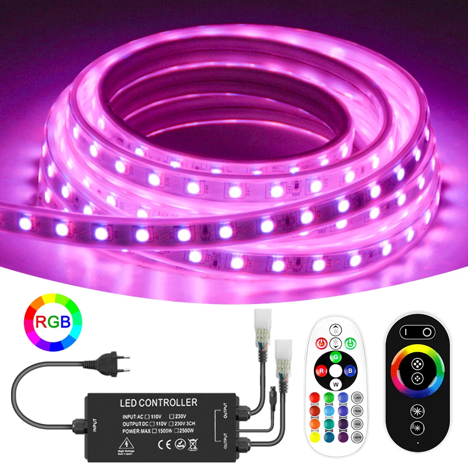 

Светодиодная лента 220 В переменного тока SMD 5050 RGB водонепроницаемая лампа IP67 с регулируемой яркостью Светодиодная лента с дистанционным управлением для украшения дома освещение