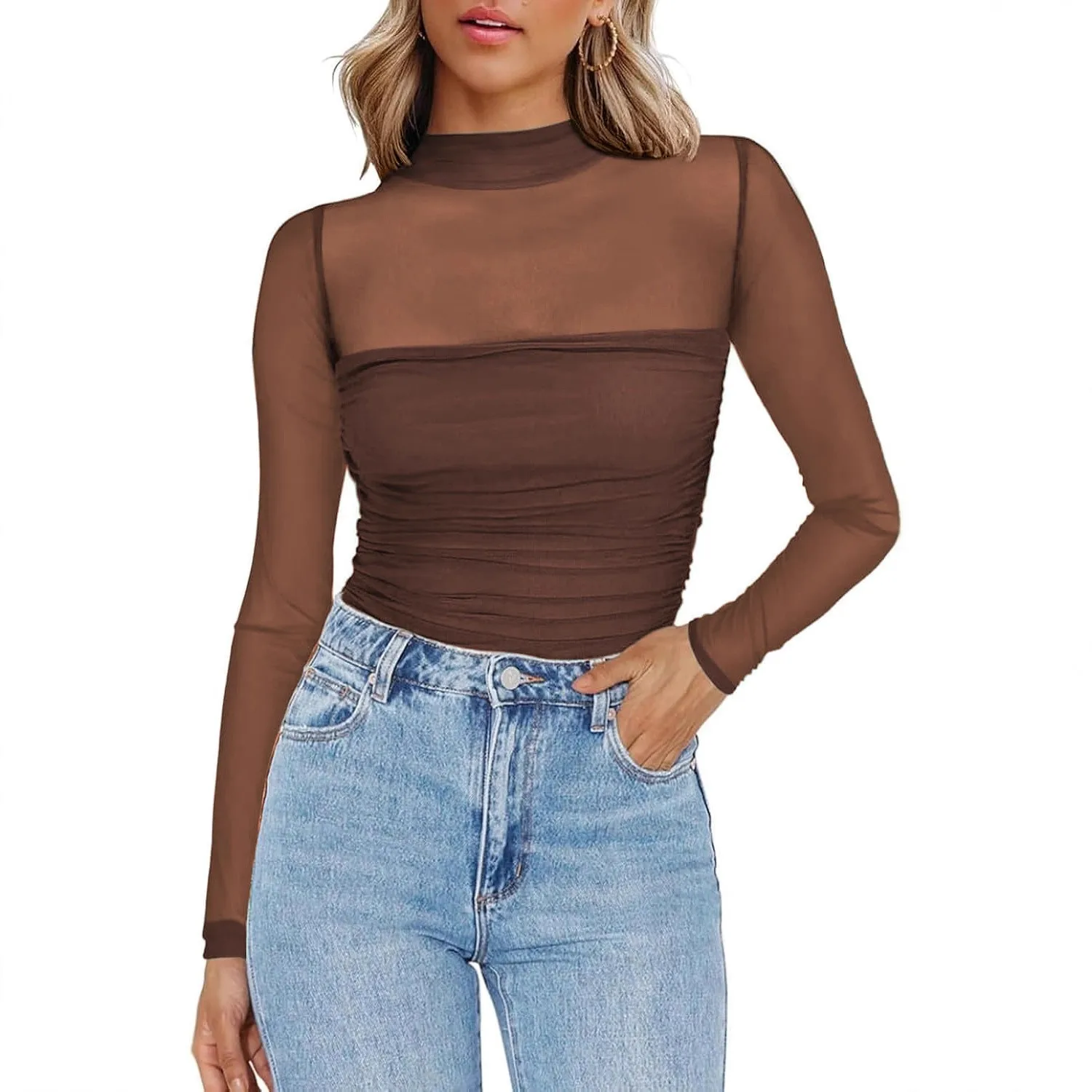 Women's Solid Color Sheer Mesh Round Neck Slim Fit Knit Blouse T-shirt Woman Top for Women in Black Red Brown Olive Green view 3