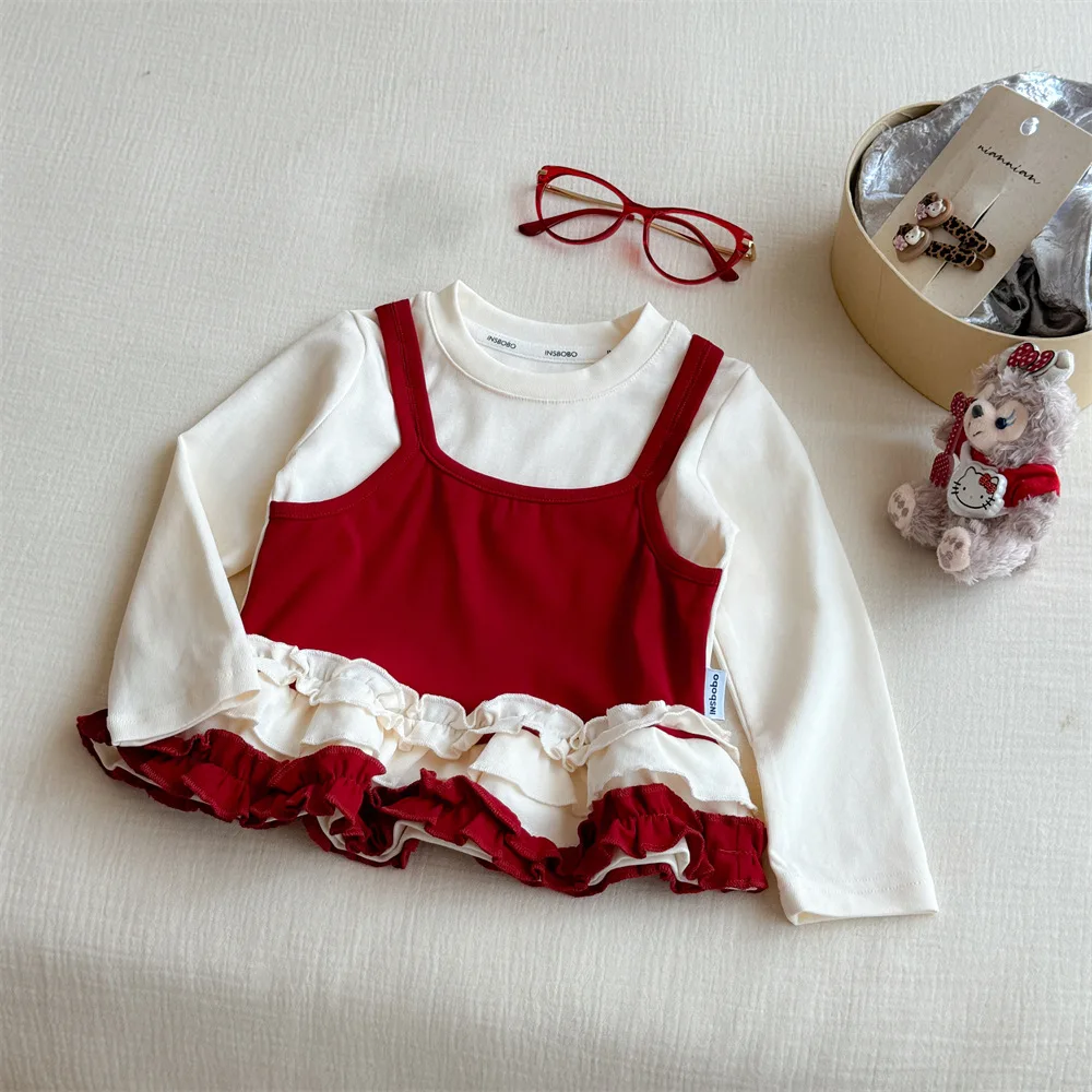 Girls Fake Two-piece Contrasting Lace T-shirt Long-sleeved Autumn New Korean Version Baby Girl Foreign Bottoming Shirt