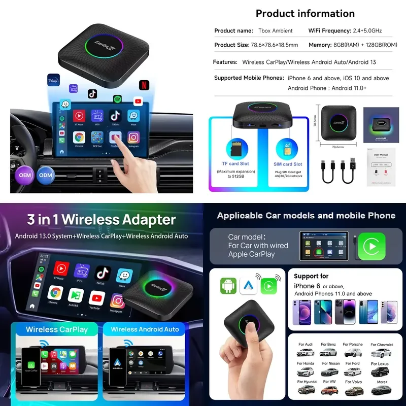 2026 Hot Sale New Arrival Carlinkit 8G+128GB Android 13 System Carplay Auto Car Stereo Youtobe Netflix Portable Wireless