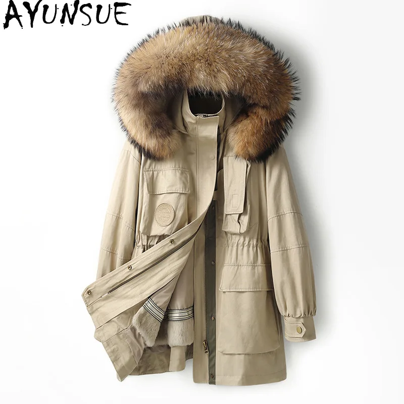 

AYUNSUE Rex Rabbit Fur Coat Women Real Fur Coats Winter Clothes Detachable Fox Fur Collar Mid-length Womens Parka Шуба Женская
