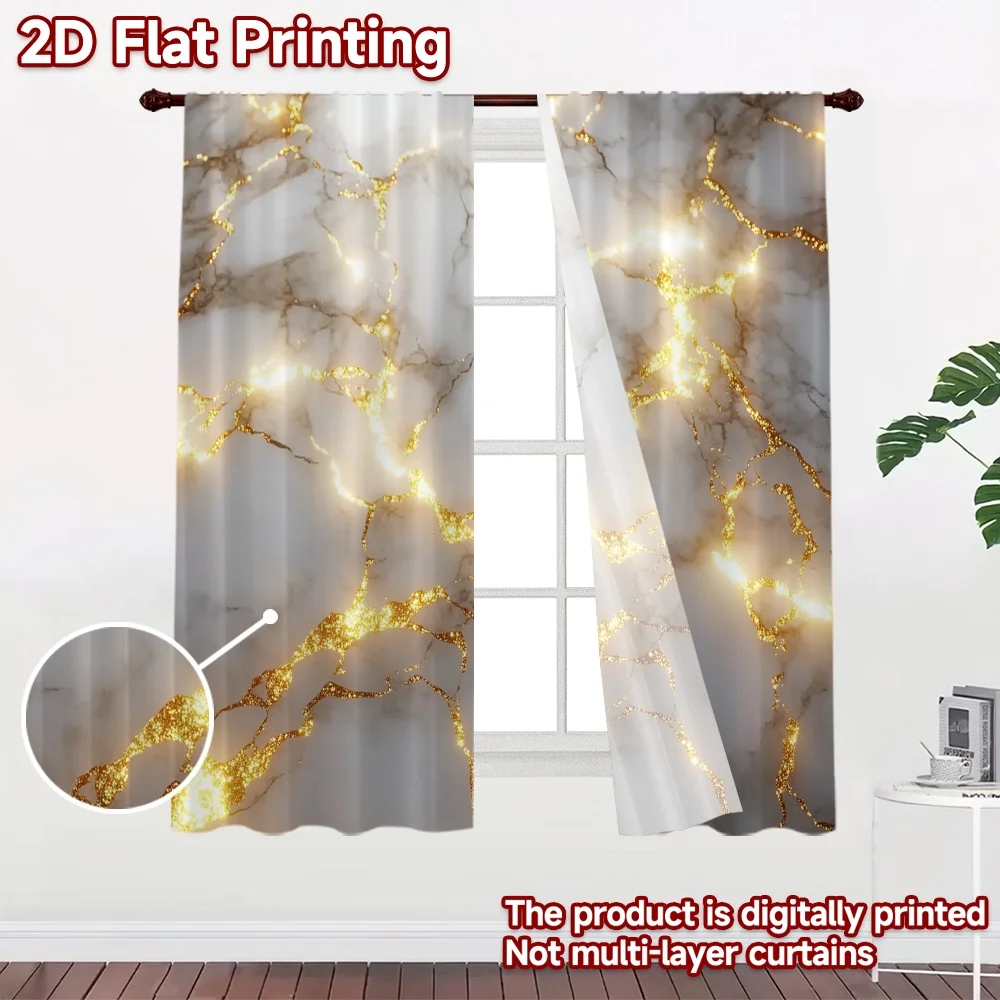 2D flat 2pcs Curtain Retro Country Style White Marble Gold Veins Durable polyester fiber Festive Wall Decor for Indoor Outdoor