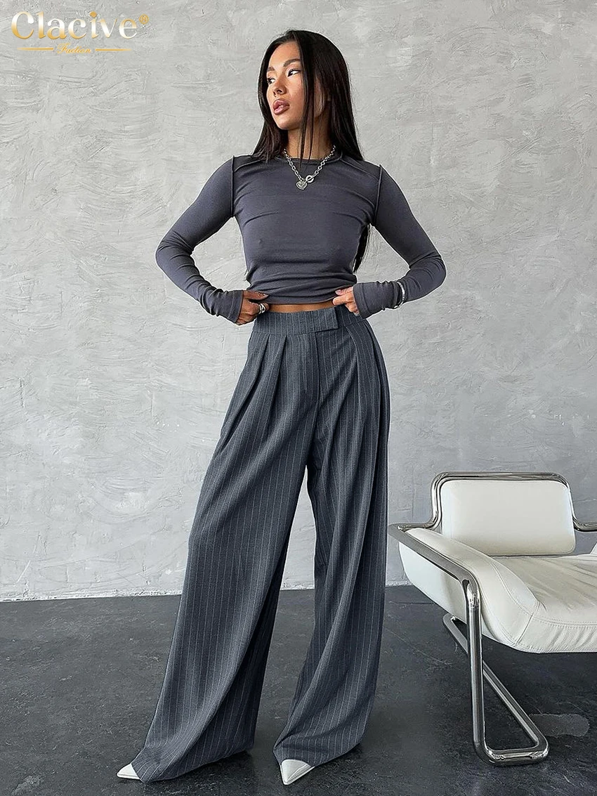 Clacive Fashion Loose Stripe Women\'s Pants 2025 Vintage High Waist Full Length Trousers Elegant Classic Wide Leg Pants Female