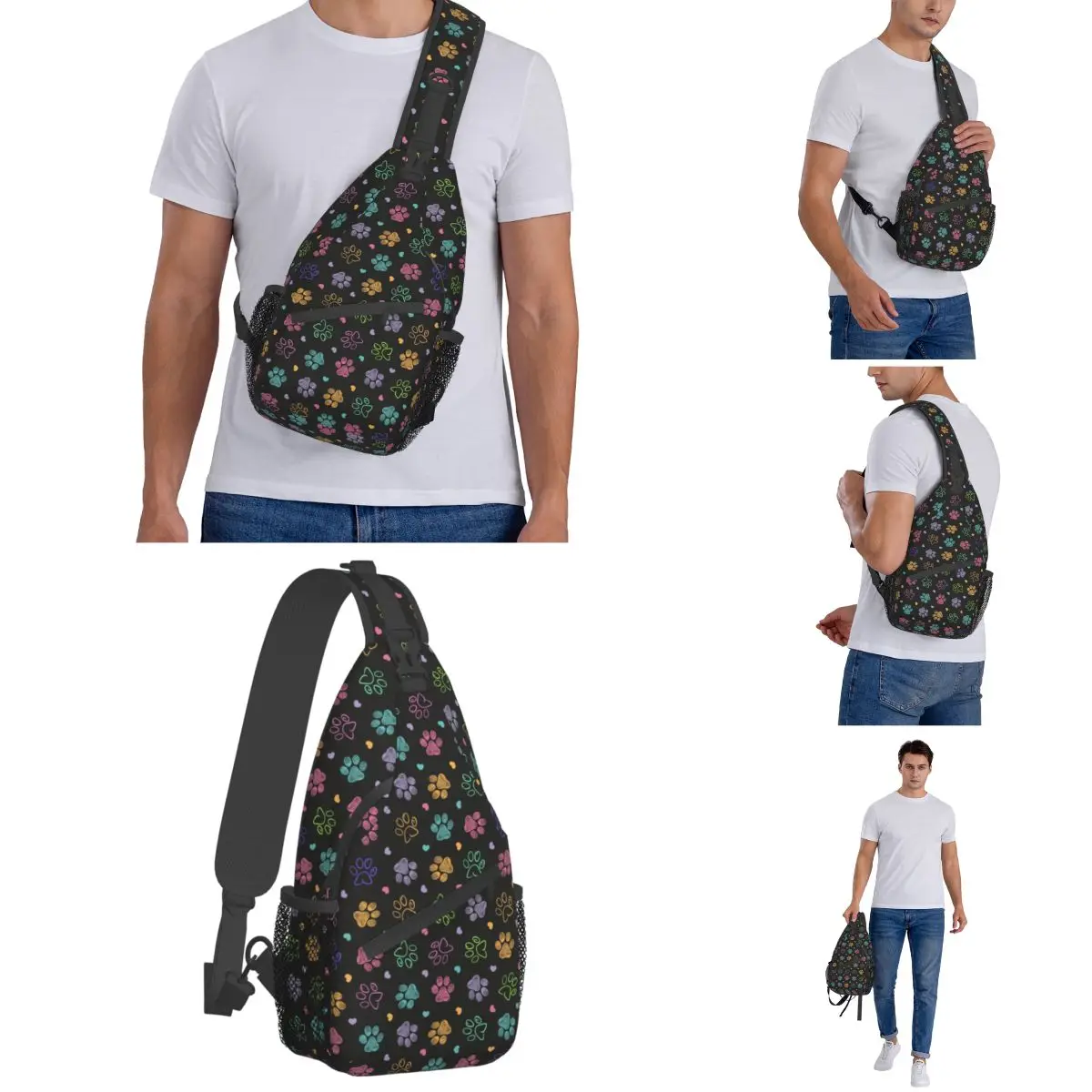 Mochila cruzada colorida con estampado de garabatos para el pecho, bolso de hombro para perro y gato, mochila de día para senderismo y ciclismo al aire libre