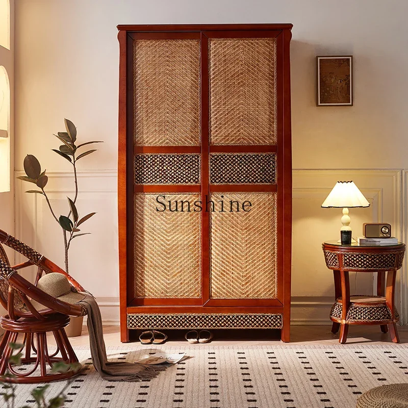 

New Chinese solid wood wardrobe household double door sliding rattan wardrobe