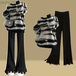 Women Black Stripe Loose Sweater Knit Long Pants 1 or 2 Piece Set Lady Casual Knitwear Korean Fashion Pullover Trousers Outfits
