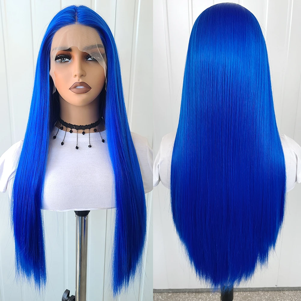 Aimeya-女性用の滑らかな青い合成かつら,自然なヘアライン,コスプレ,パーティー,耐熱性