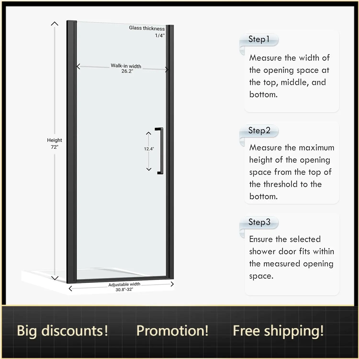 

Бескаркасная распашная душевая дверь 30.8-32 дюйма (Ш) x 72 дюйма (В), 1/4 дюйма (6 мм) прозрачное закаленное стекло SGCC, распашная душевая дверь на петлях, реверсивная