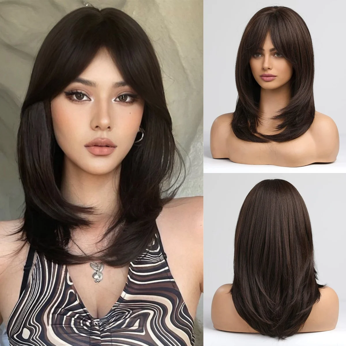 

ESIN Synthetic Dark Brown Wig Shoulder Length Wave Wigs for Women Hair Wig With Bangs Heat Resistant Party Daily Natural Use