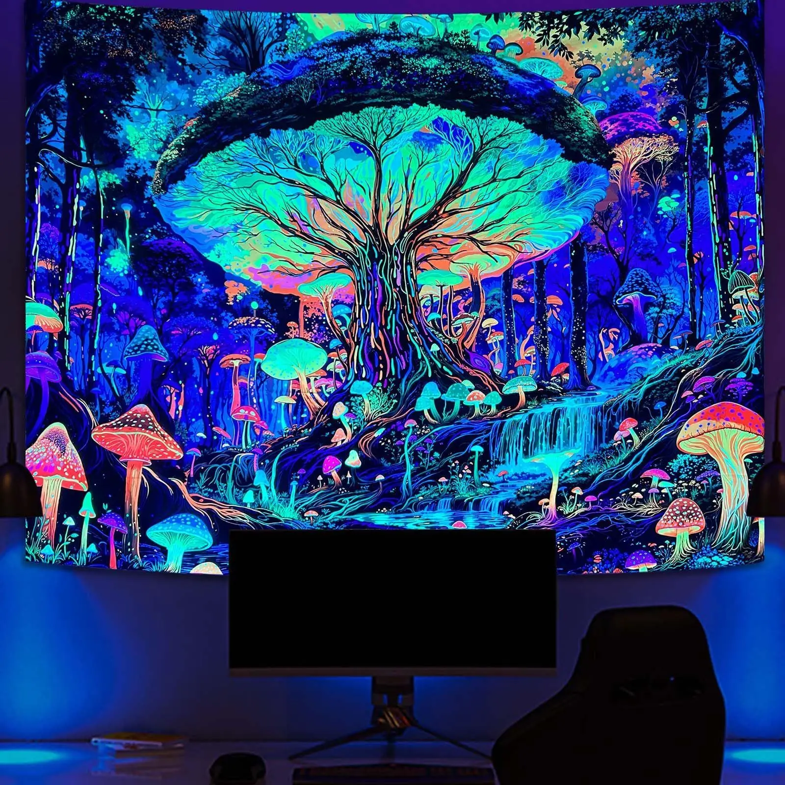 VIKAMA Blacklight Reactive Mushroom Waterfall Wall Tapestry Trippy Psychedelic Wall Hanging Neon Aesthetic Bedroom Decor