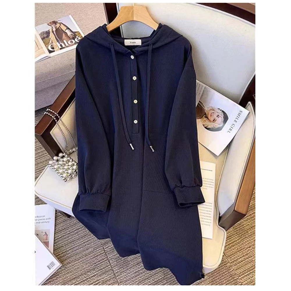 Casual hooded long sleeved hoodie for women in autumn and winter, loose fit and slimming, mid length dress that covers the belly