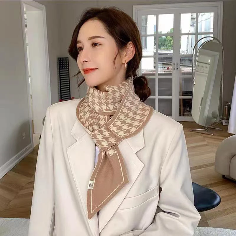 Fashion Plaid Knitted Neck Scarf Autumn Cross Tie Scarves For Women Rings Windproof Neck Protection Warmer Fake Collar 110*11cm