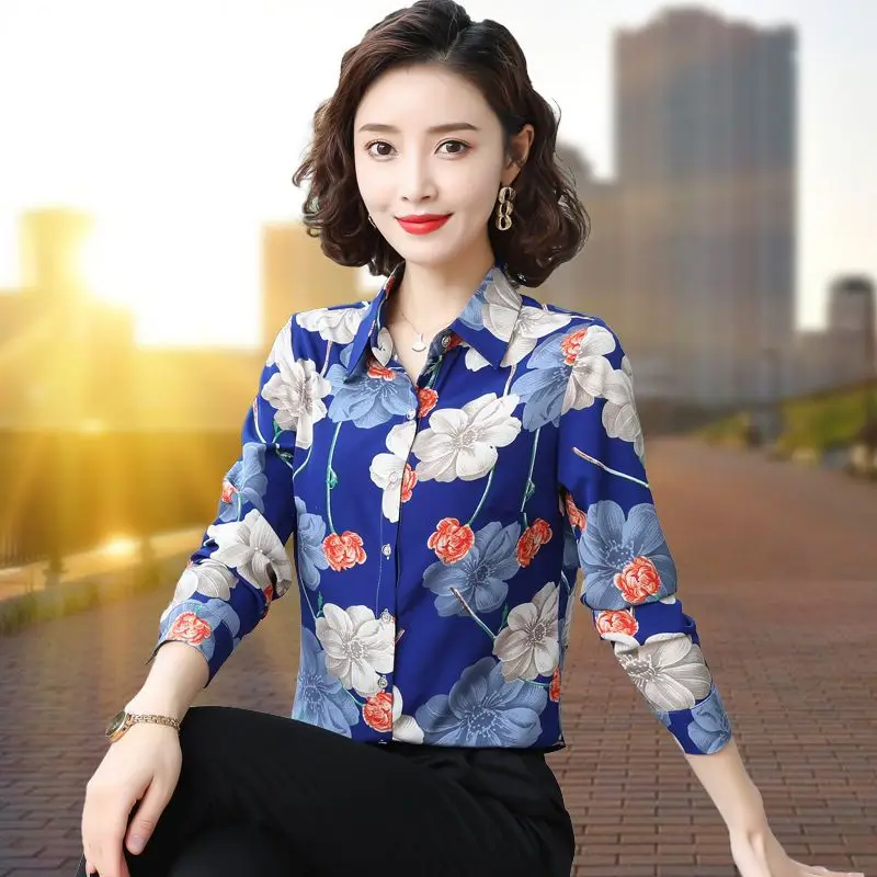 Vintage Printed Button Loose Floral Shirts Women\'s Clothing 2023 Autumn Winter Oversized All-match Tops Office Lady Blouses