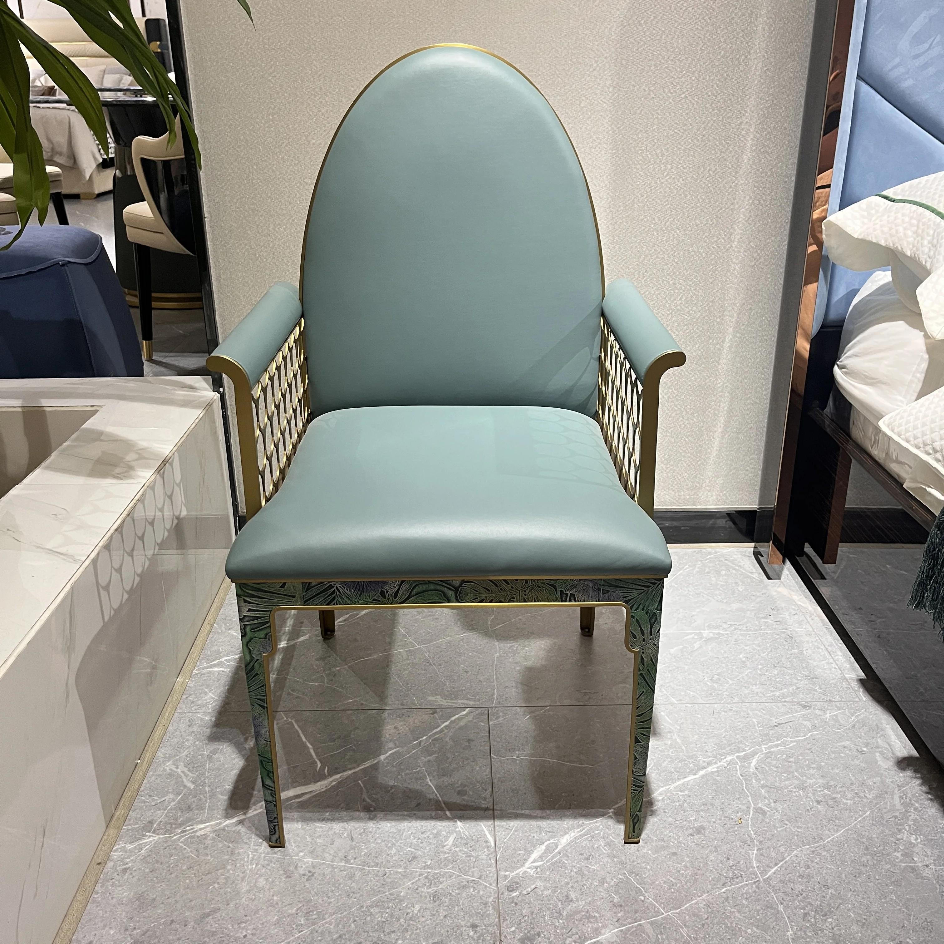 #Italian Light Luxury Sofa Chair Villa Model Room Home Fashion Stainless Steel Dining Chair New Cloth Dining Chair