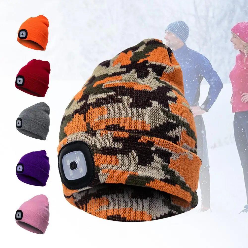 Unisex Warm Cap Hat Winter LED Light Luminous Knitted Outdoor Camping Head Lamp Cap