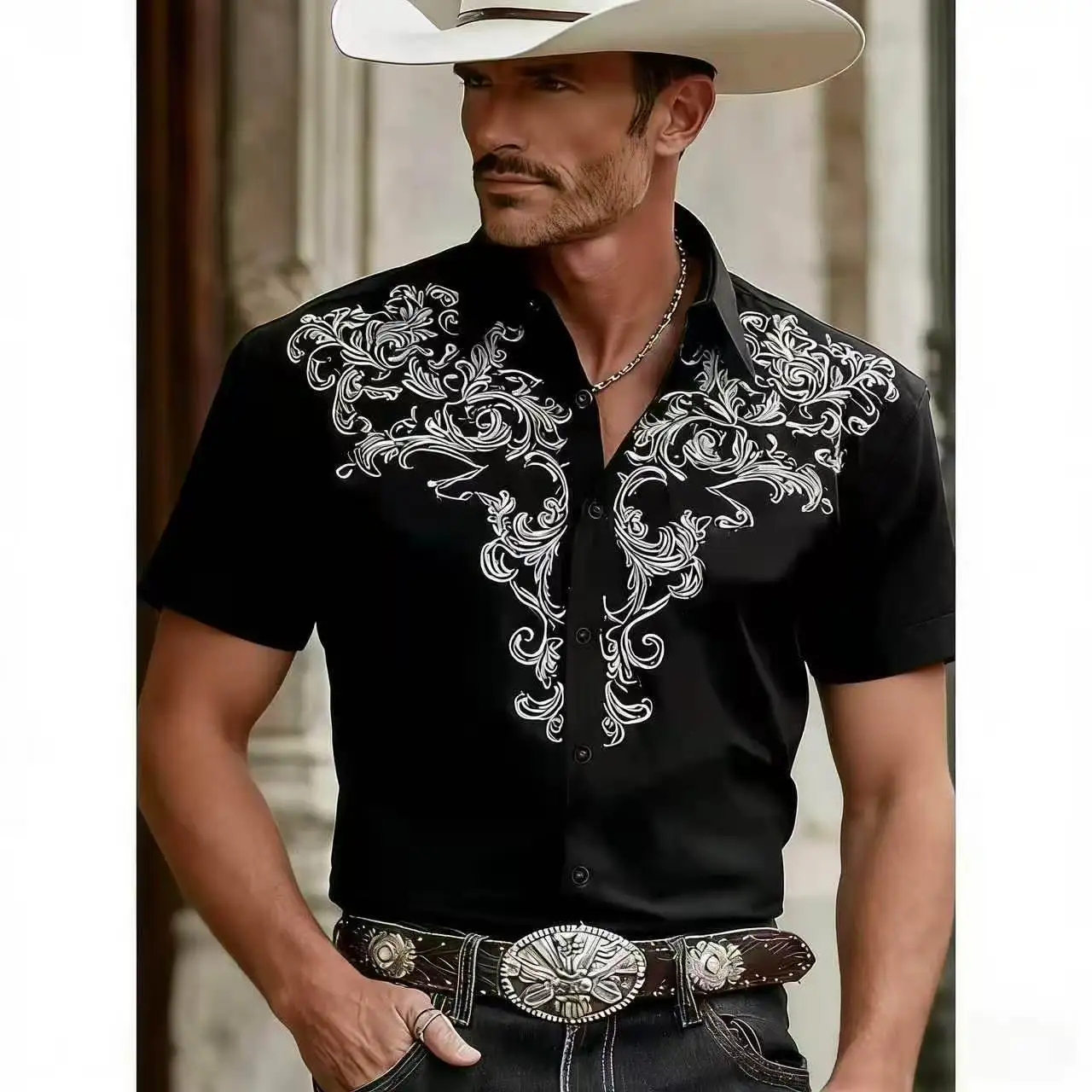 Men's retro 3D printed Western denim shirt, short sleeved shirt, urban casual fashion,classic shirt, men's 2026 summer new style