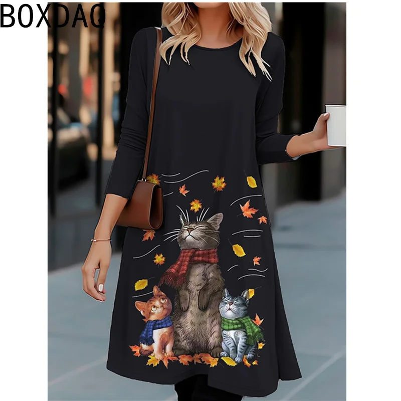 Women Long Sleeve O-Neck Casual A-Line Dress 3D Vintage Funny Cat Printed Dress Big Size 3XL Female Autumn New Dress Vestidos