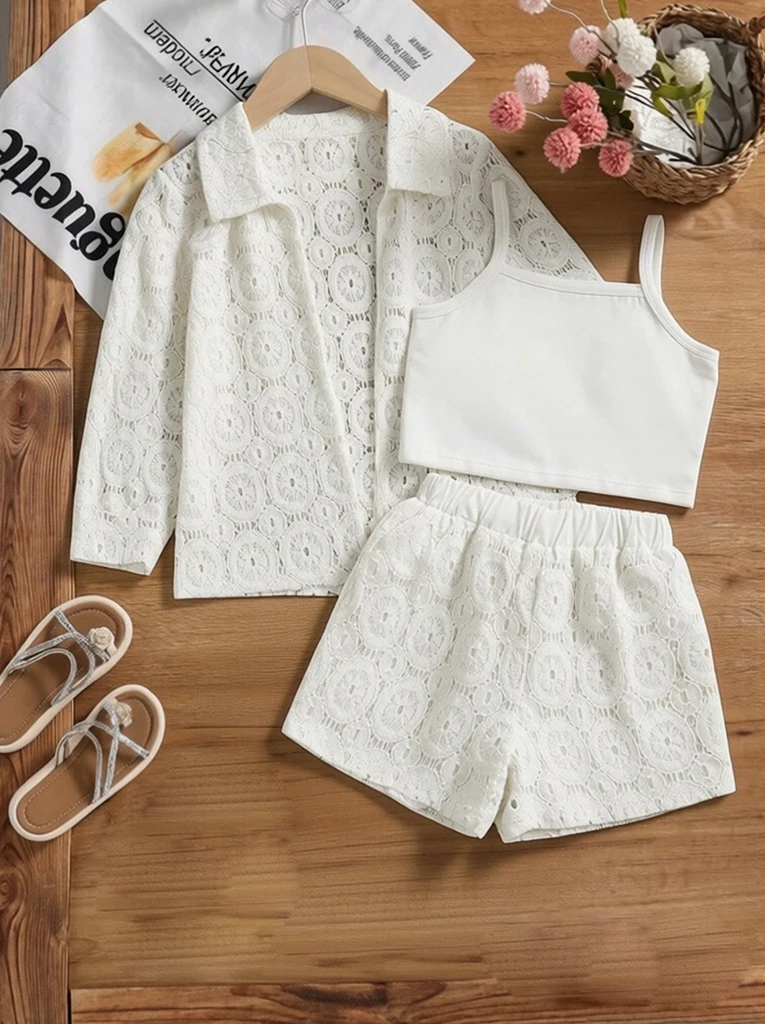 Sweet lace three piece set for girls solid color lace cardigan jacket and shorts with camisole inside loose and simple