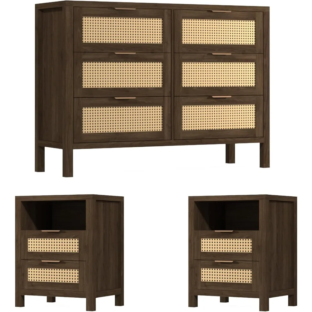 

Wood 6 Drawer Dresser & 2 Nightstand Set for Bedroom, Wide Rattan Drawer with Gold Handle for Bed Room, Hallway, Brown Oak
