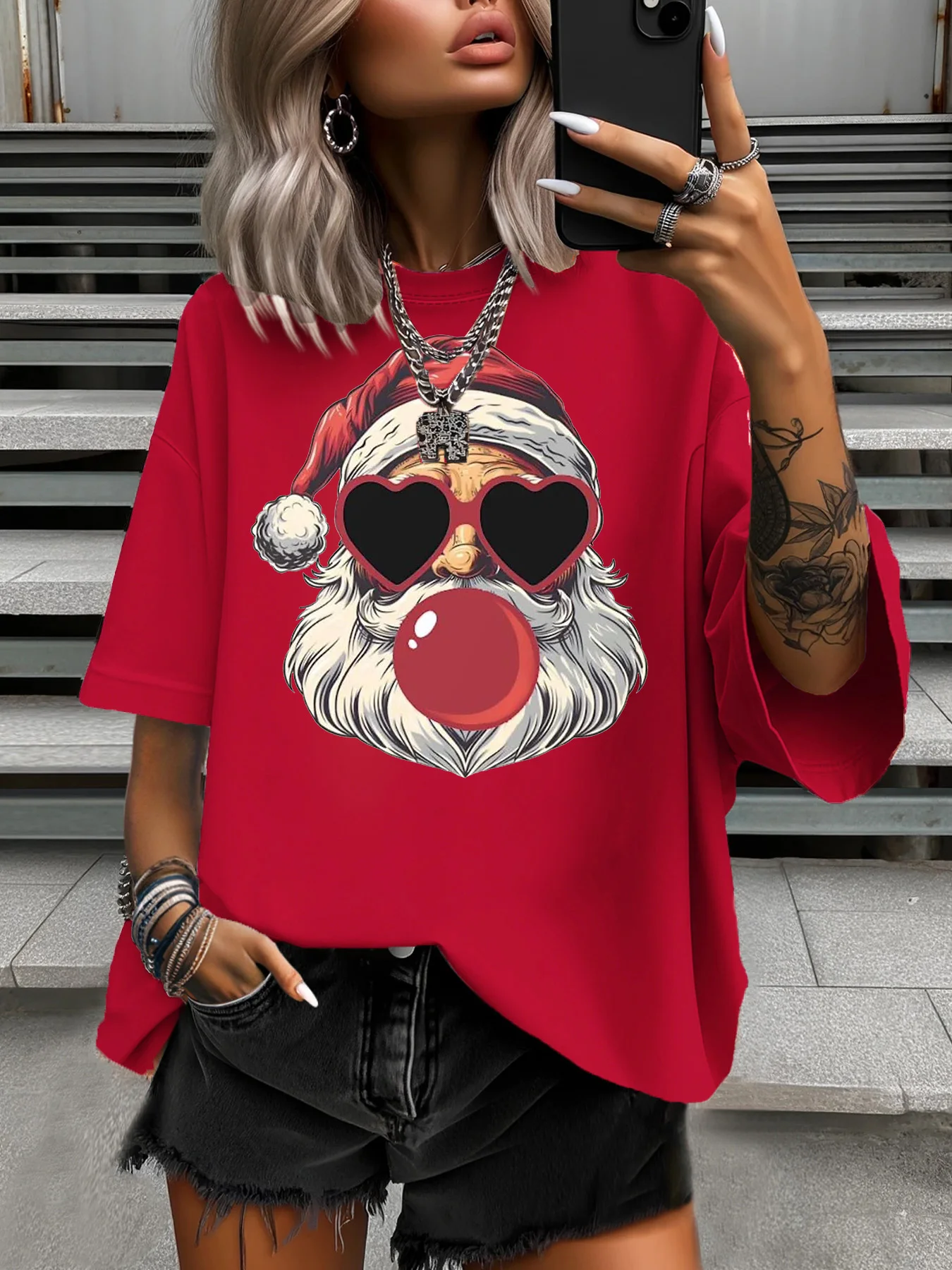 

Summer Women's Plus Size T-Shirt Original Design Blow Bubbles Santa Claus Printed Women's Casual Round Neck Short Sleeved Tops