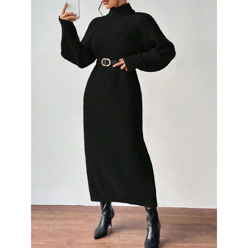 

Fashion straight Casual loose bottoming Dress autumn winter thicken women turtleneck knitted Dresses Solid Maxi sweater dress