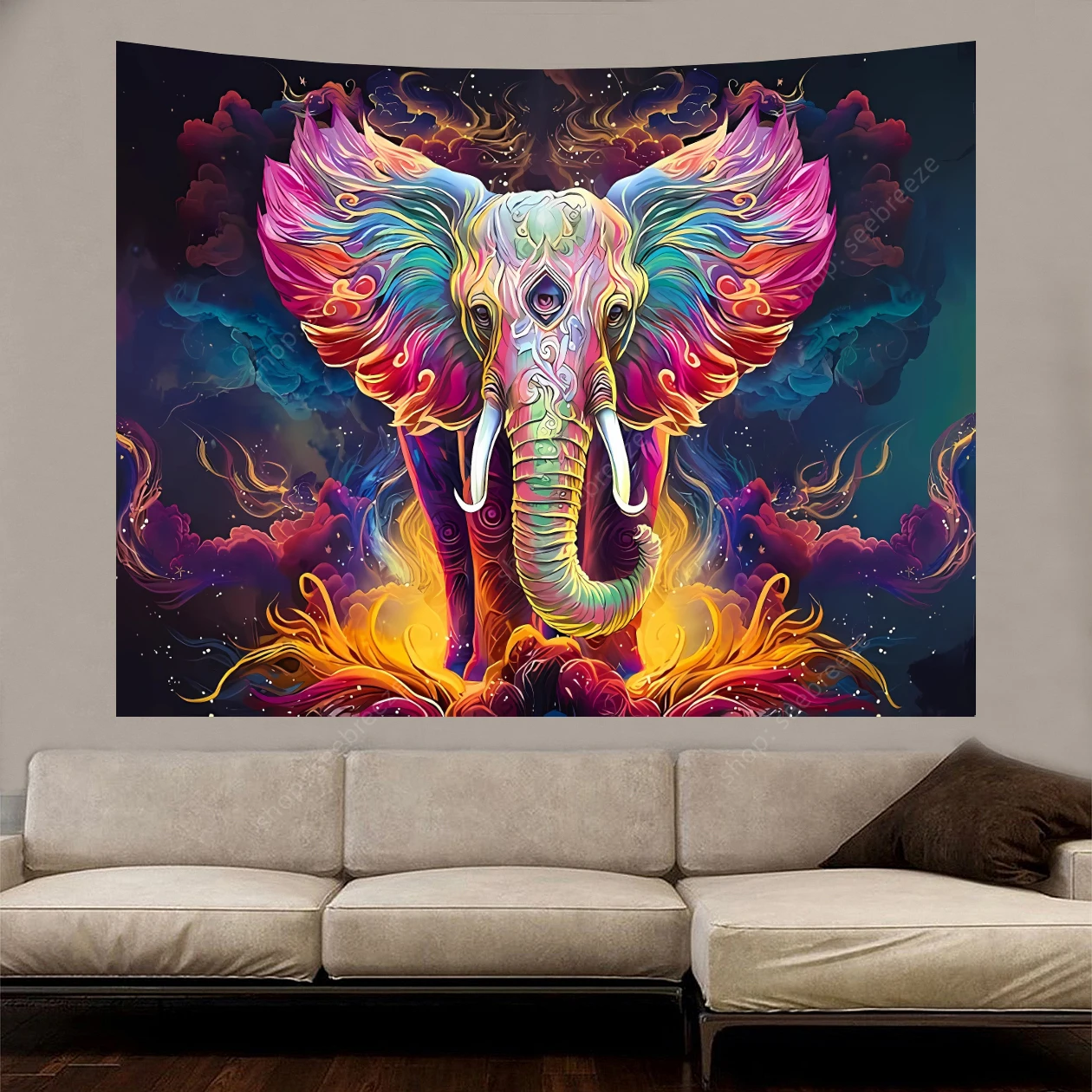 Trippy Elephant Tapestry Boho Watercolor Elephant Wall Tapestry Aesthetic Colorful Cloud Poster Spiritual Meditation Tapestries