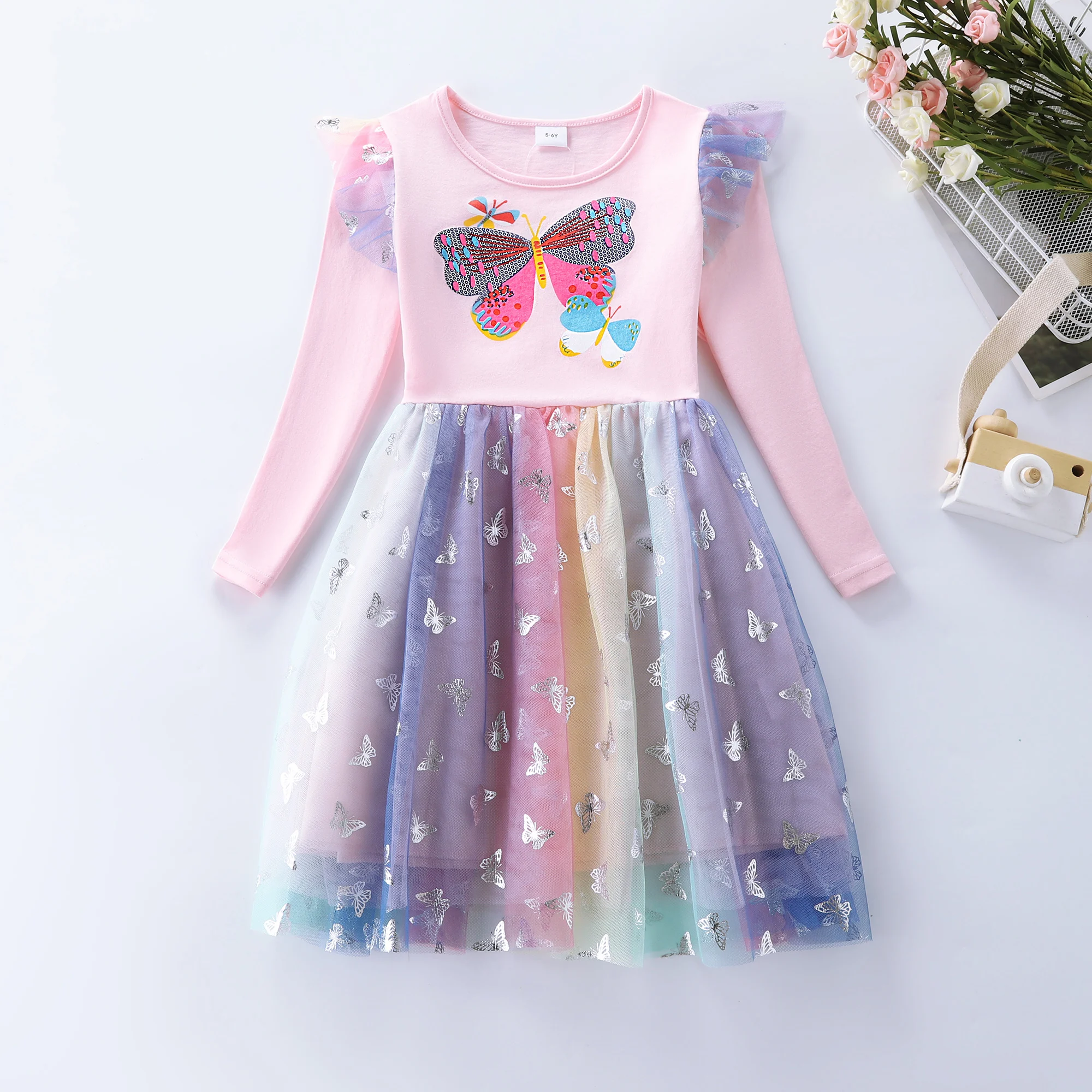 Girl's long sleeved casual butterfly embroidered printed mesh splicing autumn daily A-line cotton dress LH1747