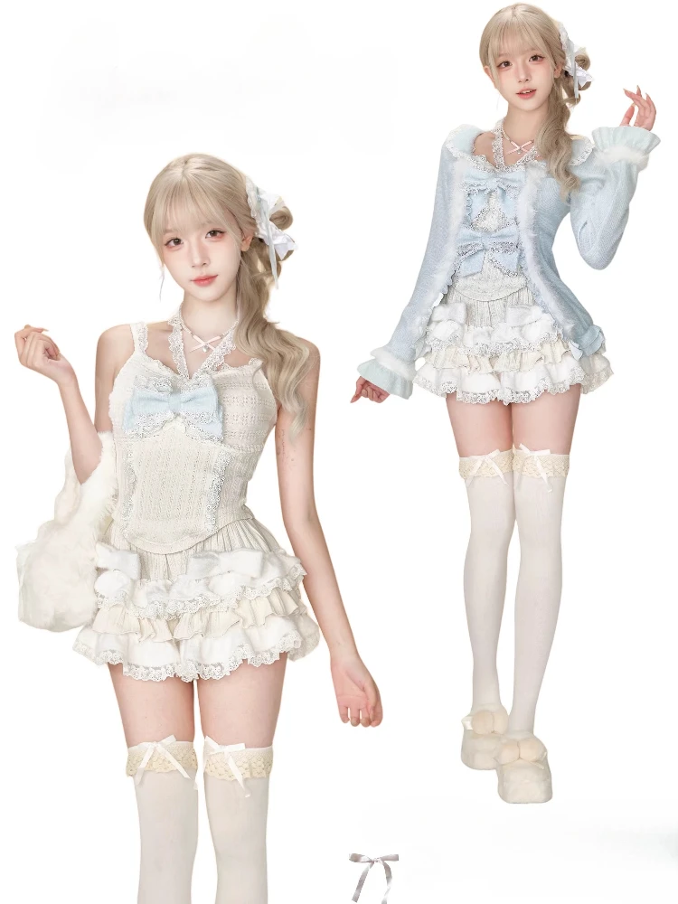 

Японский винтажный комплект из 3 предметов Kawaii, женский осенний повседневный кардиган Y2k, пальто + шикарные топы + мини-юбка, милые корейские наряды в стиле Харадзюку