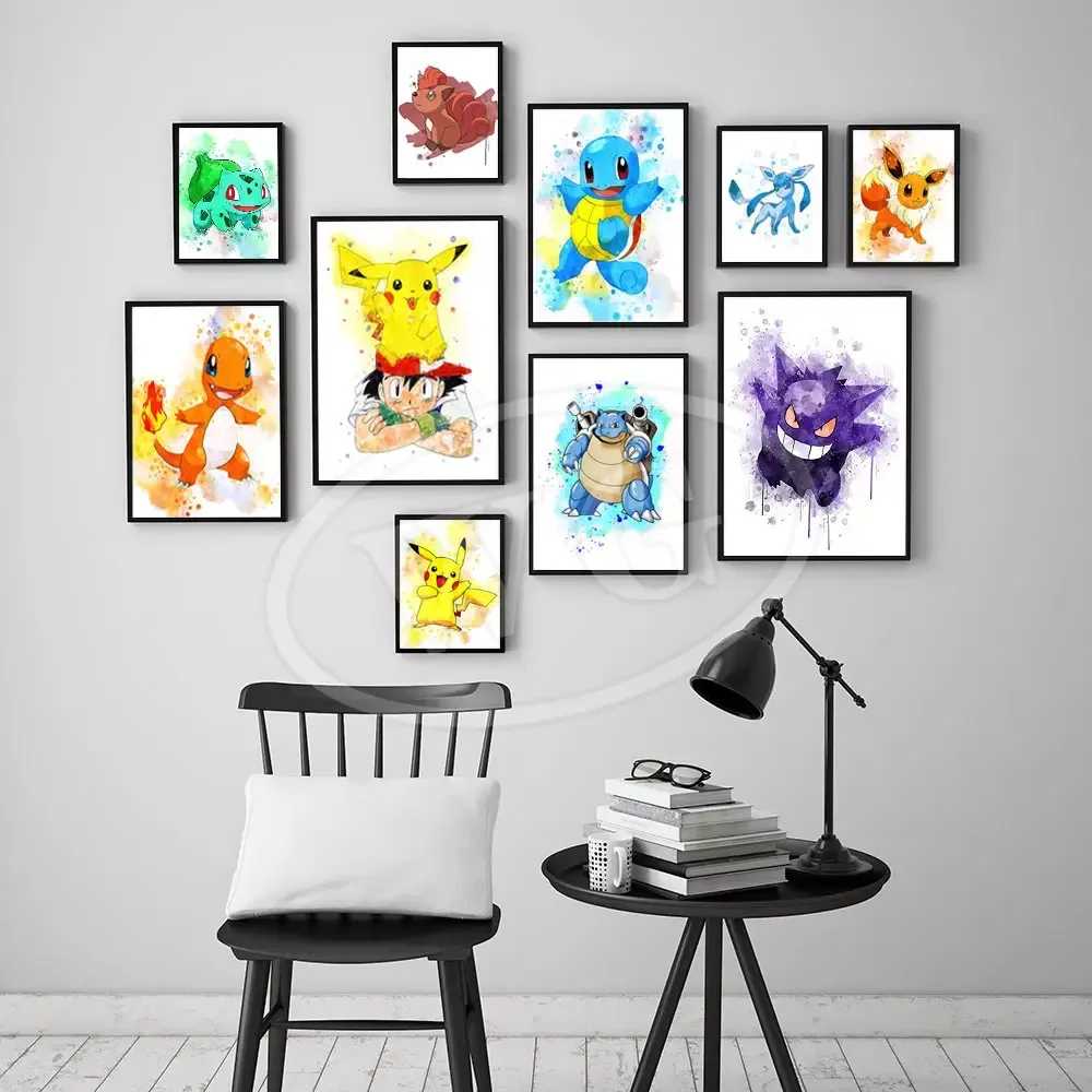 Anime Pokemon Peripherals Gengar Posters Pikachu Kawaii Picture Art Water Colours Canvas Painting for Kids Bedroom Wall Decorate