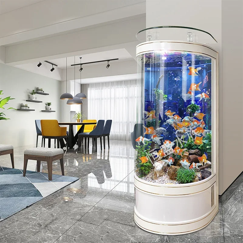 Semicircular fish tank next to TV cabinet Living room Small water-free household glass floor-to-ceiling aquarium