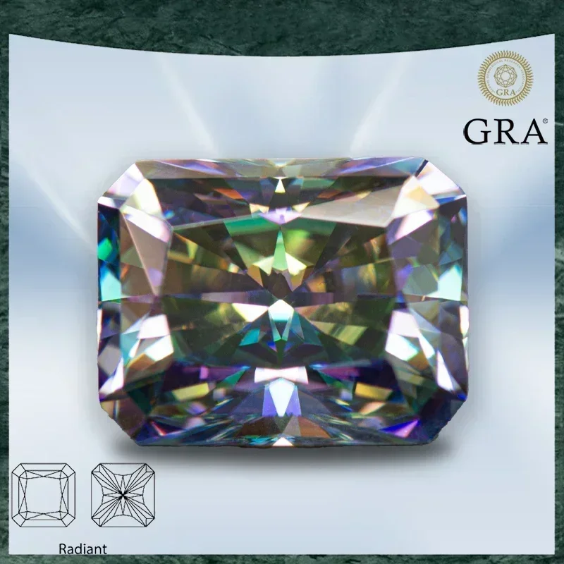 

Moissanite Stone Radiant Cut Rainbow Green Color VVS1 with GRA Certificate for Gemstone Charms Beads Top Jewelry Making Material