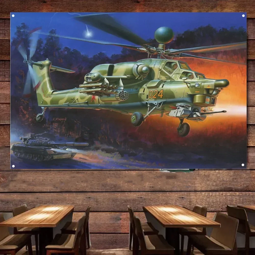 Mi-28H Soviet Attack Helicopter Wall Flag, Air Force Wall Art Poster Artwork Banner With 4 Metal Ring Buckles Ready to Hang