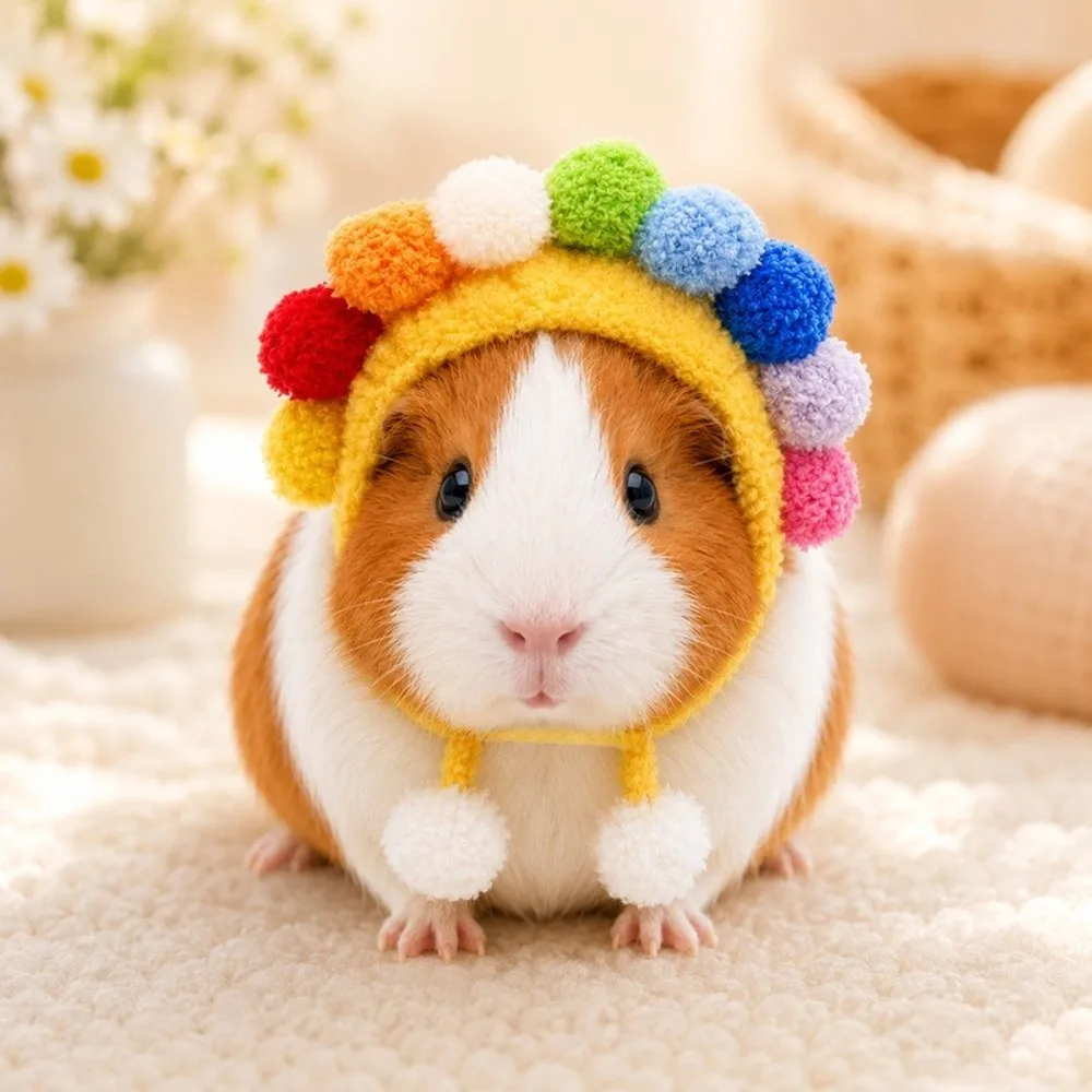 Adjustable Ties Small Pet Plush Crochet Hat Bear-Shaped Soft Skin-Friendly Hamster Knitted Hat Hand Crocheted Shape-Retaining