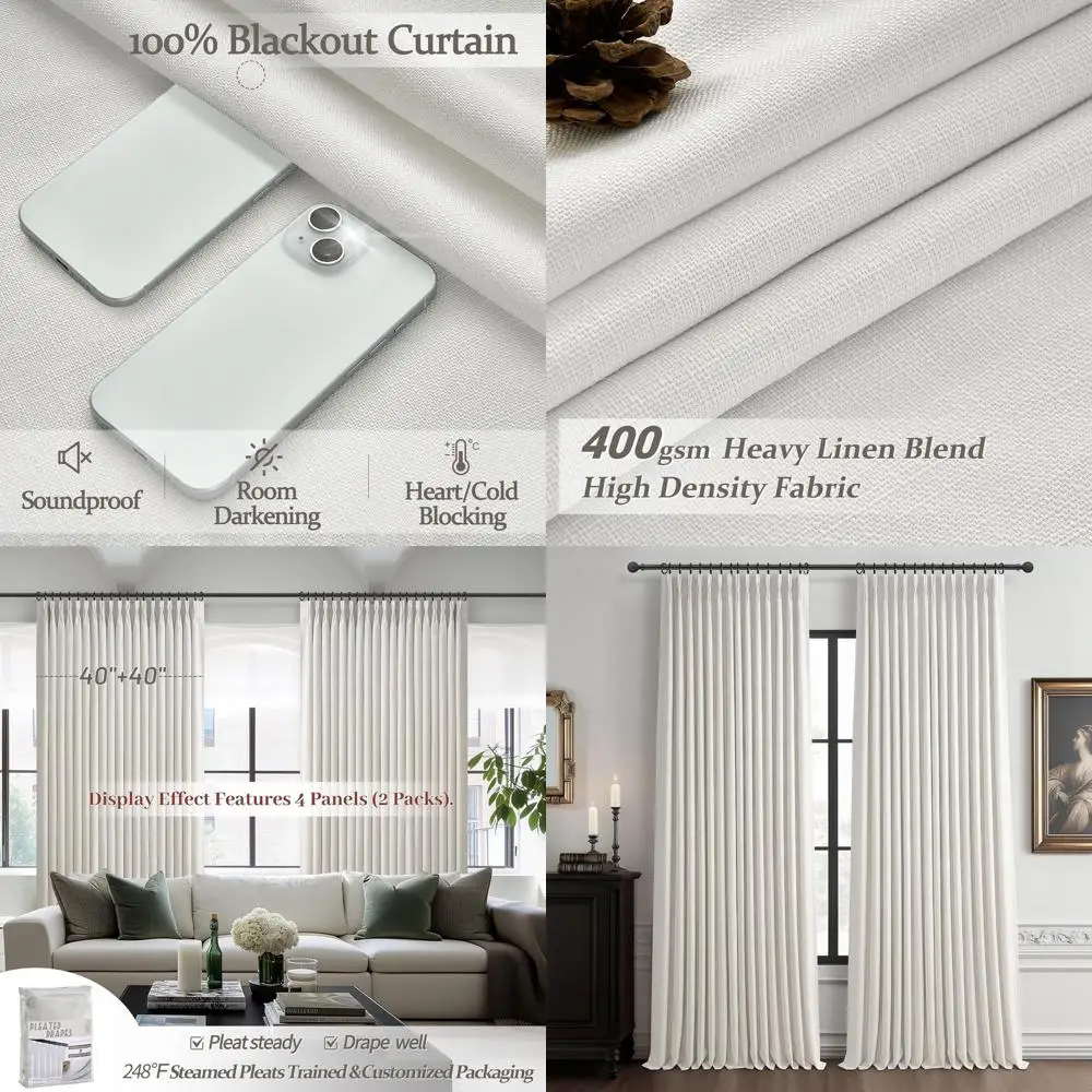 

Натуральные льняные шторы с плиссировкой, 40x96 дюймов, светонепроницаемые панели для раздвижных дверей