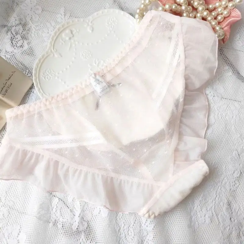 Women Cute Lovely Sweety Lolita Princess Style Sexy Lace Transparent Dot Underwear Mesh Ruffles Breathable Panties Breifs