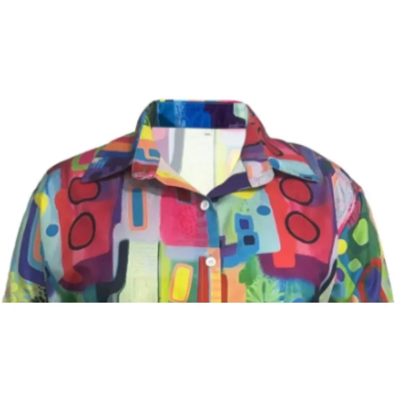 Camisas femininas plus size 1XL-5XL com gráfico geométrico elegante casual camisa de manga comprida tops