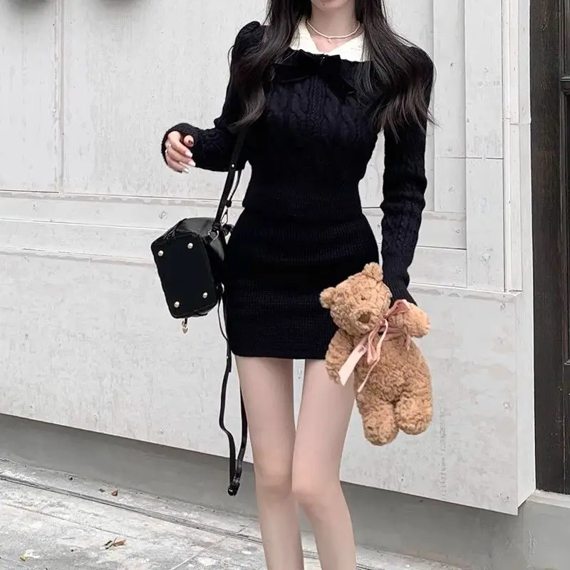 Retro Fashion Knitted Suit Women\'s Bow Sweater Top Short Skirt Sweet and Spicy Two-piece Set